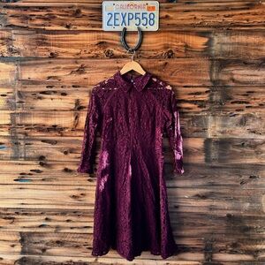 EVA MENDES | Vintage Y2K Collared Elegant Lace Burgundy Dress 8
